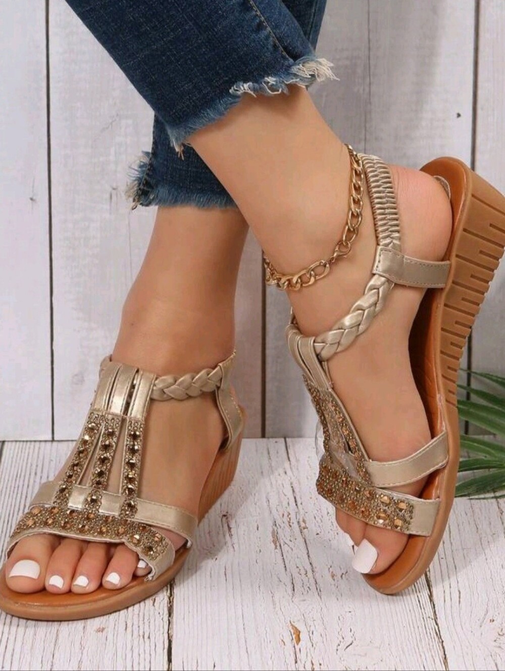 Women’s Gold T-Strap Wedge Sandals with Embellished Straps, Eu 37 / US 6.5
